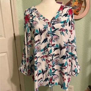 Chico's Floral V-Neck Blouse - White, Red, and Teal